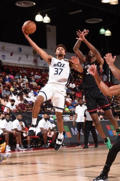MaCio Teague of the Utah Jazz shoots the ball during the game against the Miami Heat during the 2021 Las Vegas Summer League on August 13, 2021 at...