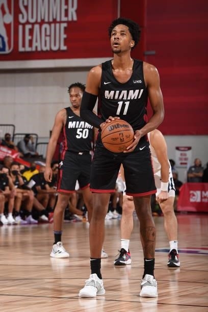 Okpala of the Miami Heat handles the ball during the game against the Utah Jazz during the 2021 Las Vegas Summer League on August 13, 2021 at the Cox...