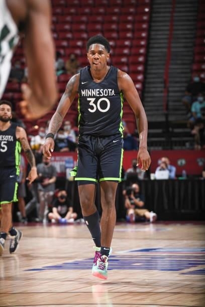 Nathan Knight of the Minnesota Timberwolves looks on during the game agains the Milwaukee Bucks during the 2021 Las Vegas Summer League on August 13,...