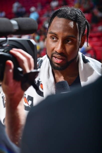 Jaylen Nowell of the Minnesota Timberwolves talks to Reporter, Angel Gray after the game agains the Milwaukee Bucks during the 2021 Las Vegas Summer...
