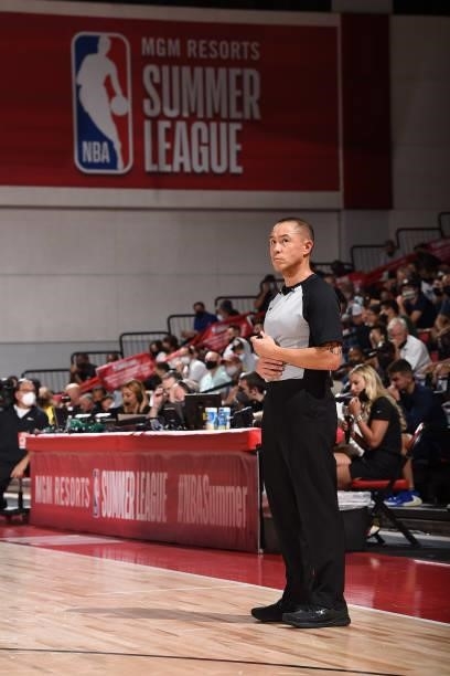 Official Jason Alabanza looks on during the Utah Jazz White game against the Miami Heat during the 2021 Las Vegas Summer League on August 13, 2021 at...
