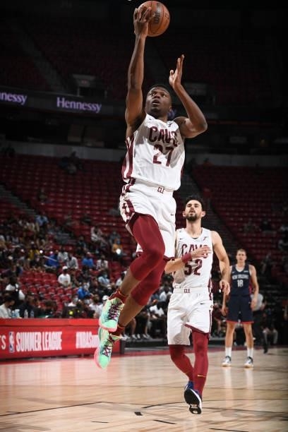 Mfiondu Kabengele of the Cleveland Cavaliers drives to the basket during the game against the New Orleans Pelicans during the 2021 Las Vegas Summer...