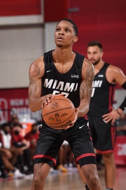 Tyson Carter of the Miami Heat looks on during the game against the Utah Jazz during the 2021 Las Vegas Summer League on August 13, 2021 at the Cox...