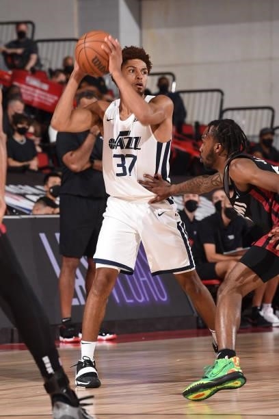 MaCio Teague of the Utah Jazz handles the ball during the game against the Miami Heat during the 2021 Las Vegas Summer League on August 13, 2021 at...