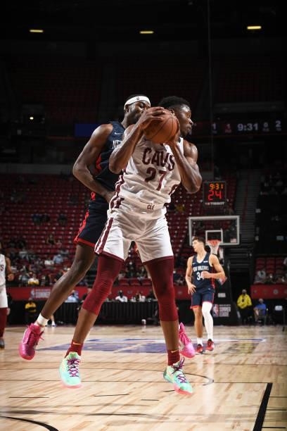 Mfiondu Kabengele of the Cleveland Cavaliers rebounds during the game against the New Orleans Pelicans during the 2021 Las Vegas Summer League on...