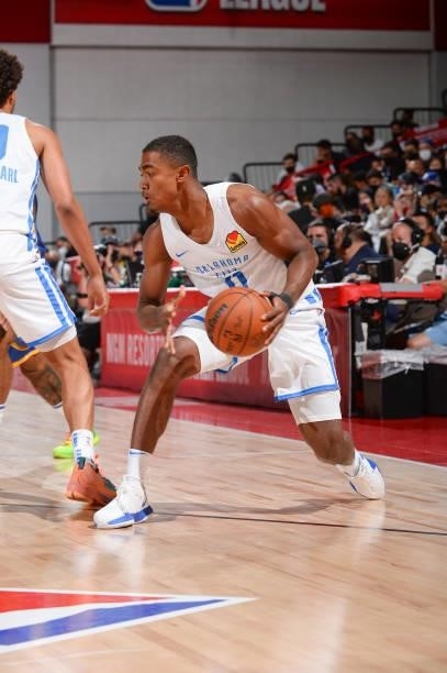Theo Maledon of the Oklahoma City Thunder handles the ball during the game against the Golden State Warriors during the 2021 Las Vegas Summer League...