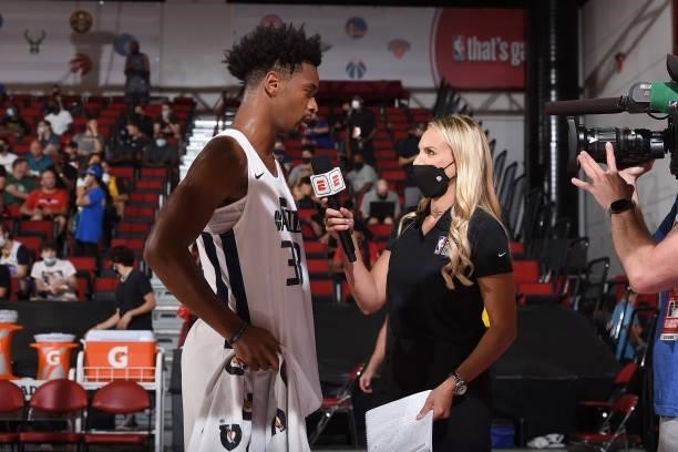 Elijah Hughes of the Utah Jazz is interviewed by ESPN reporter Katie George after the game against the Miami Heat during the 2021 Las Vegas Summer...