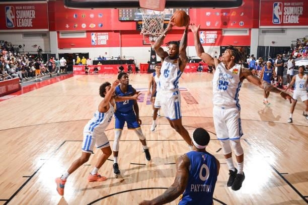 Josh Hall of the Oklahoma City Thunder rebounds the ball during the game against the Golden State Warriors during the 2021 Las Vegas Summer League on...