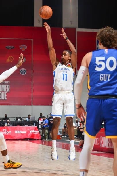 Theo Maledon of the Oklahoma City Thunder shoots the ball during the game against the Golden State Warriors during the 2021 Las Vegas Summer League...