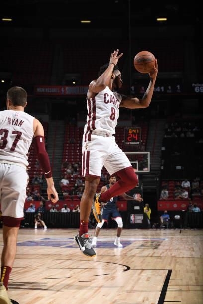 Lamar Stevens of the Cleveland Cavaliers rebounds during the game against the New Orleans Pelicans during the 2021 Las Vegas Summer League on August...