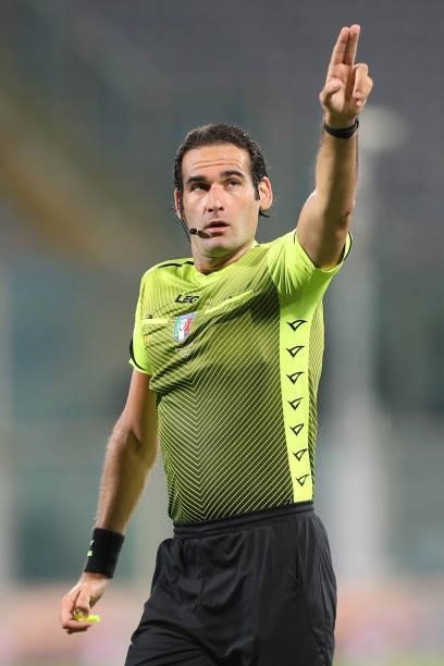 Giacomo Camplone referee gestures during the Coppa Italia match between ACF Fiorentina and Cosenza at Artemio Franchi on August 13, 2021 in Florence,...