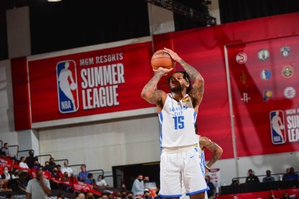 Josh Hall of the Oklahoma City Thunder shoots a free throw during the game against the Golden State Warriors during the 2021 Las Vegas Summer League...