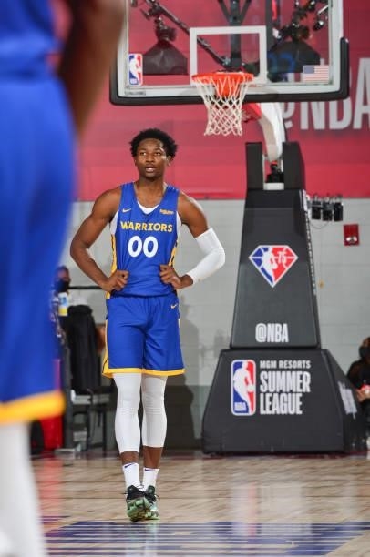 Jonathan Kuminga of the Golden State Warriors looks on during the game against the Oklahoma City Thunder during the 2021 Las Vegas Summer League on...