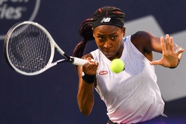 Cori Gauff of the United States hits a return during her Womens Singles Quarterfinals match against Camila Giorgi of Italy on Day Five of the...