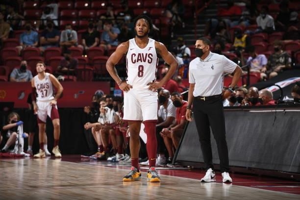 Lamar Stevens of the Cleveland Cavaliers looks on during the game against the New Orleans Pelicans during the 2021 Las Vegas Summer League on August...