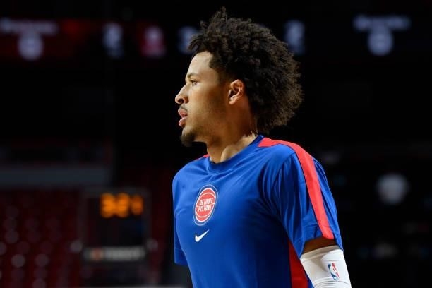 Cade Cunningham of the Detroit Pistons looks on before the game against the New York Knicks during the 2021 Las Vegas Summer League on August 13,...