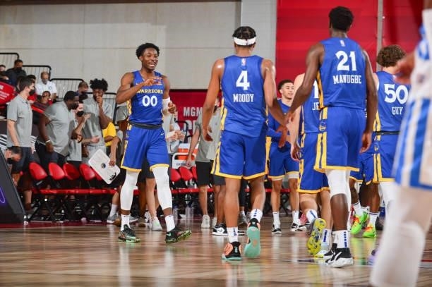 Jonathan Kuminga of the Golden State Warriors smiles during the game against the Oklahoma City Thunder during the 2021 Las Vegas Summer League on...
