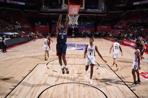 Herbert Jones of the New Orleans Pelicans dunks during the game against the Cleveland Cavaliers during the 2021 Las Vegas Summer League on August 13,...