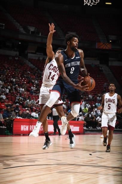 Naji Marshall of the New Orleans Pelicans drives to the basket during the game against the Cleveland Cavaliers during the 2021 Las Vegas Summer...