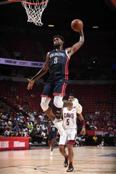 Naji Marshall of the New Orleans Pelicans dunks during the game against the Cleveland Cavaliers during the 2021 Las Vegas Summer League on August 13,...