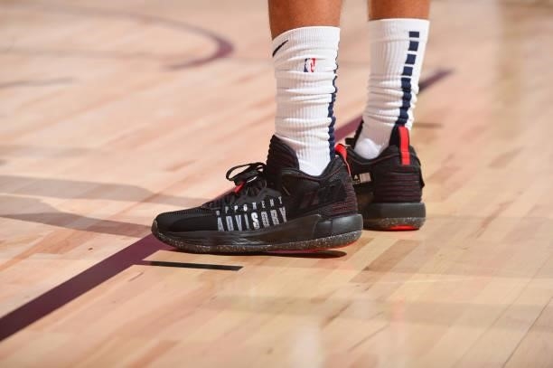 The sneakers worn by Rob Edwards of the Oklahoma City Thunder during the game against the Golden State Warriors during the 2021 Las Vegas Summer...