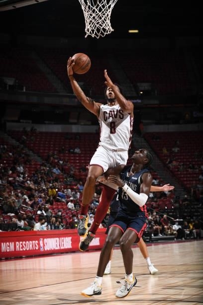 Lamar Stevens of the Cleveland Cavaliers drives to the basket during the game against the New Orleans Pelicans during the 2021 Las Vegas Summer...