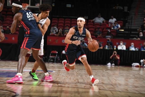 Jose Alvarado of the New Orleans Pelicans drives to the basket during the game against the Cleveland Cavaliers during the 2021 Las Vegas Summer...