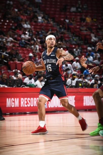 Jose Alvarado of the New Orleans Pelicans dribbles during the game against the Cleveland Cavaliers during the 2021 Las Vegas Summer League on August...