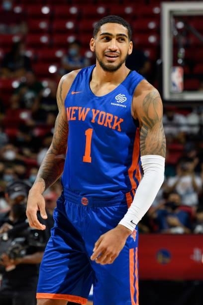 Obi Toppin of the New York Knicks smiles before the game against the Detroit Pistons during the 2021 Las Vegas Summer League on August 13, 2021 at...