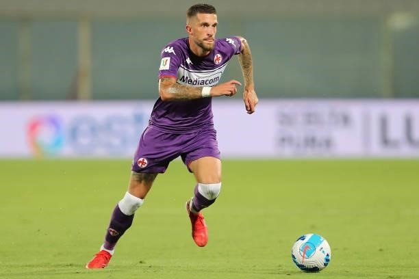 Cristiano Biraghi of AFC Fiorentina in action during the Coppa Italia match between ACF Fiorentina and Cosenza at Artemio Franchi on August 13, 2021...