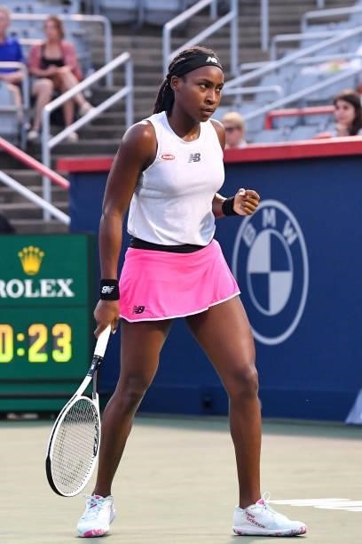Cori Gauff of the United States reacts after winning a point during her Womens Singles Quarterfinals match against Camila Giorgi of Italy on Day Five...