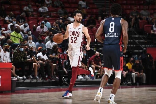 Chandler Vaudrin of the Cleveland Cavaliers dribbles during the game against the New Orleans Pelicans during the 2021 Las Vegas Summer League on...