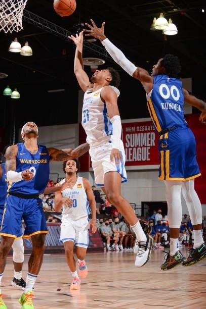 Aaron Wiggins of the Oklahoma City Thunder shoots the ball during the game against the Golden State Warriors during the 2021 Las Vegas Summer League...