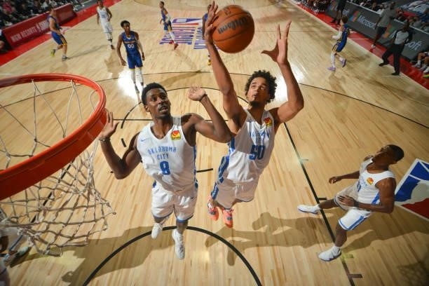 Jeremiah Robinson-Earl of the Oklahoma City Thunder rebounds the ball during the game against the Golden State Warriors during the 2021 Las Vegas...