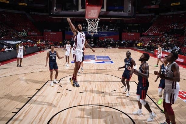 Lamar Stevens of the Cleveland Cavaliers dunks during the game against the New Orleans Pelicans during the 2021 Las Vegas Summer League on August 13,...