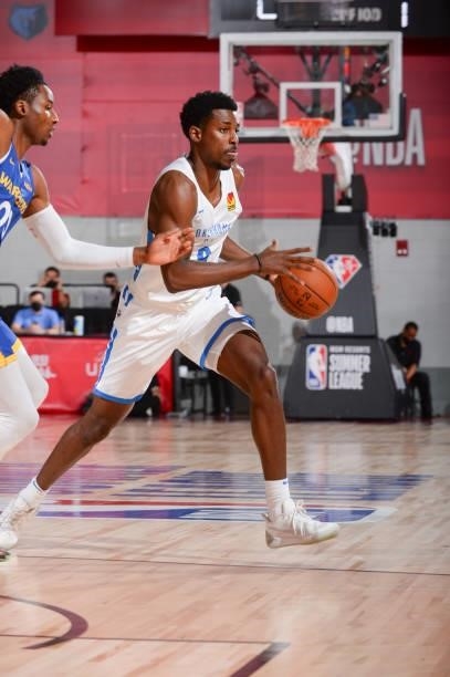 Jaylen Hoard of the Oklahoma City Thunder handles the ball during the game against the Golden State Warriors during the 2021 Las Vegas Summer League...
