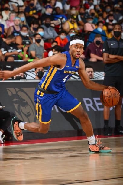 Moses Moody of the Golden State Warriors handles the ball during the game against the Oklahoma City Thunder during the 2021 Las Vegas Summer League...
