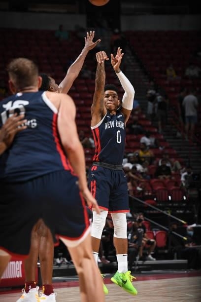 Didi Louzada of the New Orleans Pelicans shoots the ball during the game against the Cleveland Cavaliers during the 2021 Las Vegas Summer League on...