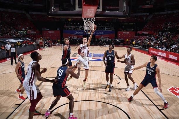 Matt Ryan of the Cleveland Cavaliers shoots the ball during the game against the New Orleans Pelicans during the 2021 Las Vegas Summer League on...