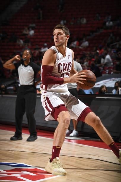 Matt Ryan of the Cleveland Cavaliers dribbles during the game against the New Orleans Pelicans during the 2021 Las Vegas Summer League on August 13,...