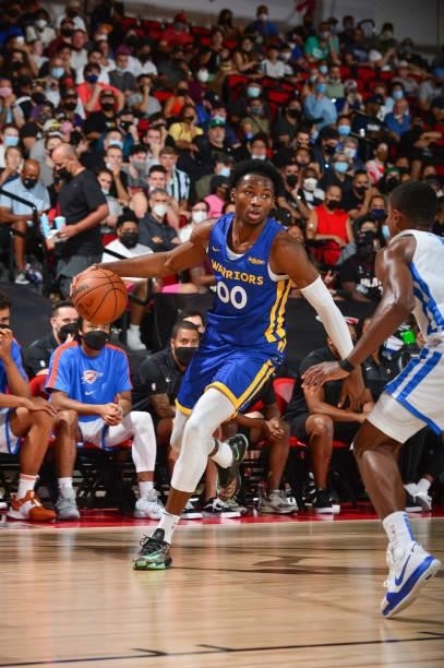 Jonathan Kuminga of the Golden State Warriors handles the ball during the game against the Oklahoma City Thunder during the 2021 Las Vegas Summer...