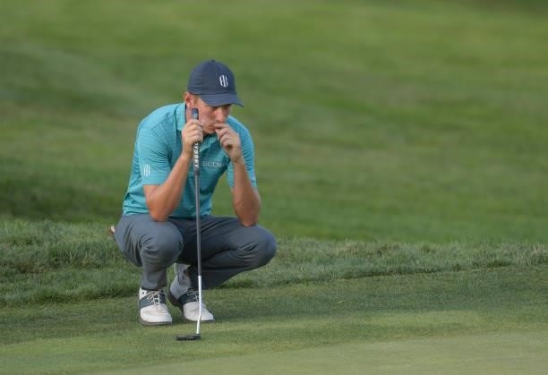 Vince India studies his putt on the ninth green during the second round of the Korn Ferry Tours Pinnacle Bank Championship presented by Aetna at The...