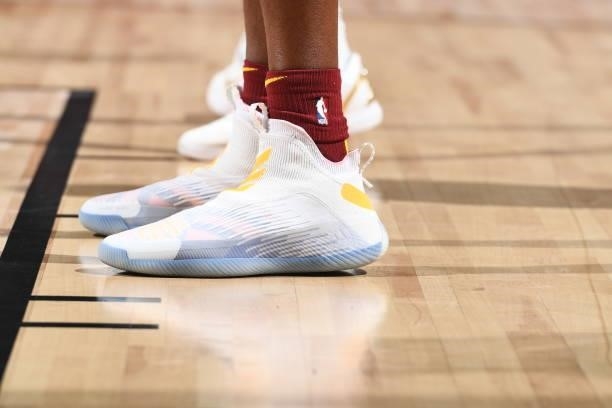 The sneakers worn by Evan Mobley of the Cleveland Cavaliers during the game against the New Orleans Pelicans during the 2021 Las Vegas Summer League...