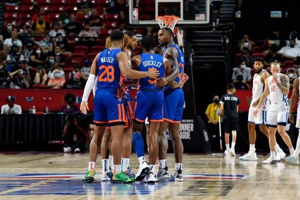 The New York Knicks huddle during the game against the Detroit Pistons during the 2021 Las Vegas Summer League on August 13, 2021 at the Thomas &...