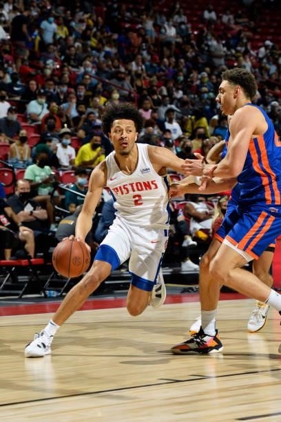 Cade Cunningham of the Detroit Pistons dribbles the ball during the game against the New York Knicks during the 2021 Las Vegas Summer League on...