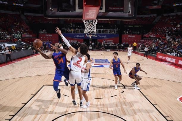 Wayne Selden of the New York Knicks shoots the ball during the game against the Detroit Pistons during the 2021 Las Vegas Summer League on August 13,...