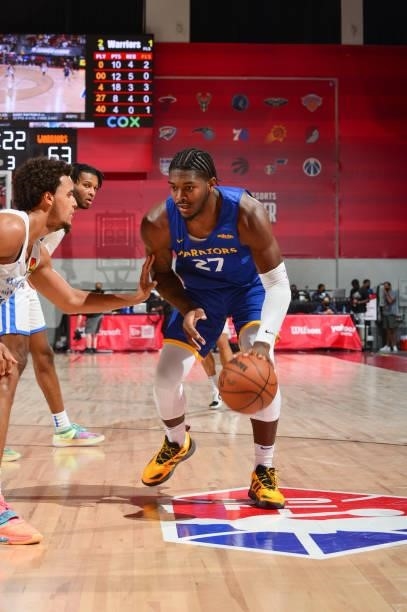Cameron Oliver of the Golden State Warriors handles the ball during the game against the Oklahoma City Thunder during the 2021 Las Vegas Summer...
