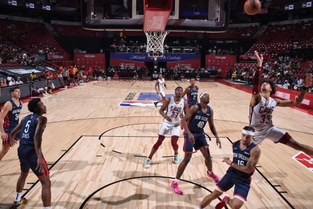 Brodric Thomas of the Cleveland Cavaliers shoots the ball during the game against the New Orleans Pelicans during the 2021 Las Vegas Summer League on...