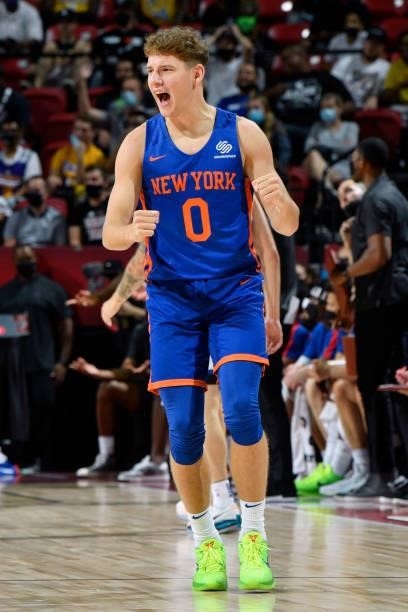 Rokas Jokubaitis of the New York Knicks celebrates during the game against the Detroit Pistons during the 2021 Las Vegas Summer League on August 13,...