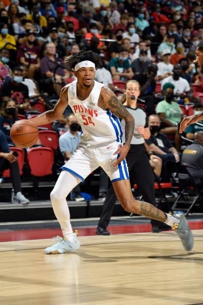 Jamorko Pickett of the Detroit Pistons dribbles the ball during the game against the New York Knicks during the 2021 Las Vegas Summer League on...